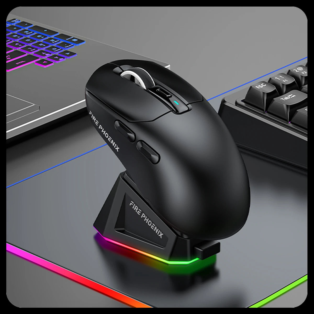 Mouse Gamer Sem Fio Tri-Mode 24000 DPI com Dock RGB Fire Phoenix