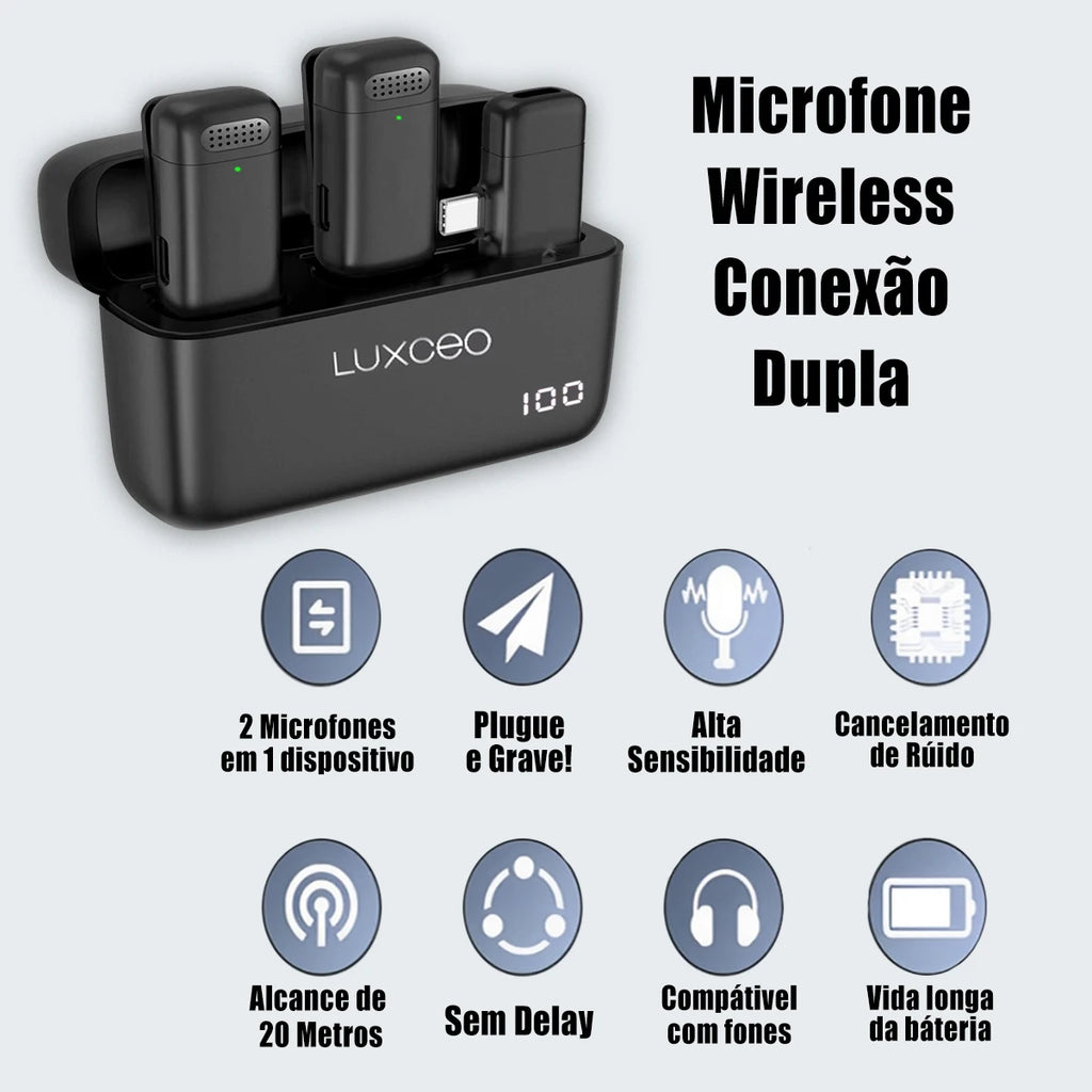 Microfone de Lapela Sem Fio Luxceo Lux6 para iPhone e Android com Case de Carregamento