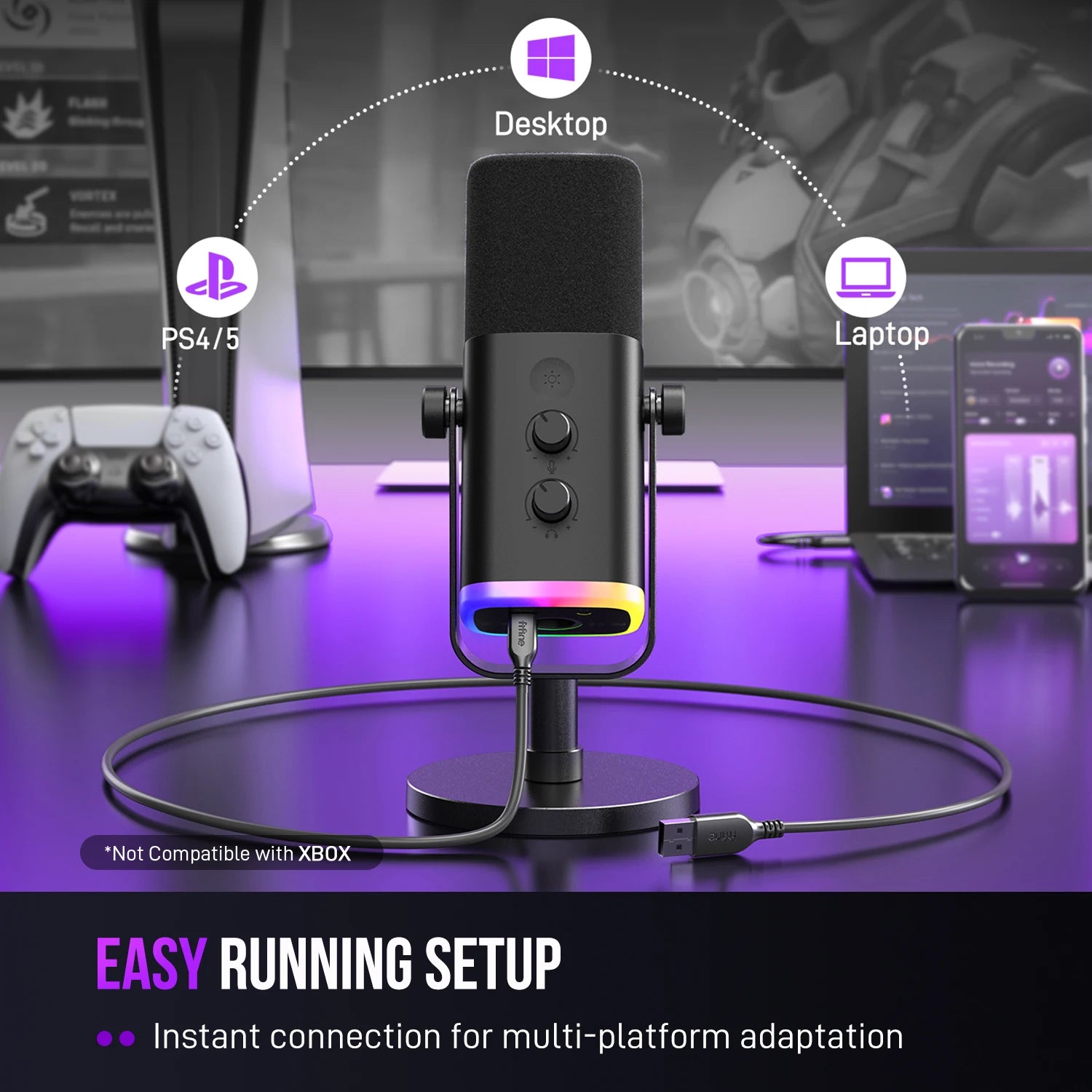Microfone Gamer FIFINE AM8 RGB USB/XLR para Streaming e Podcast
