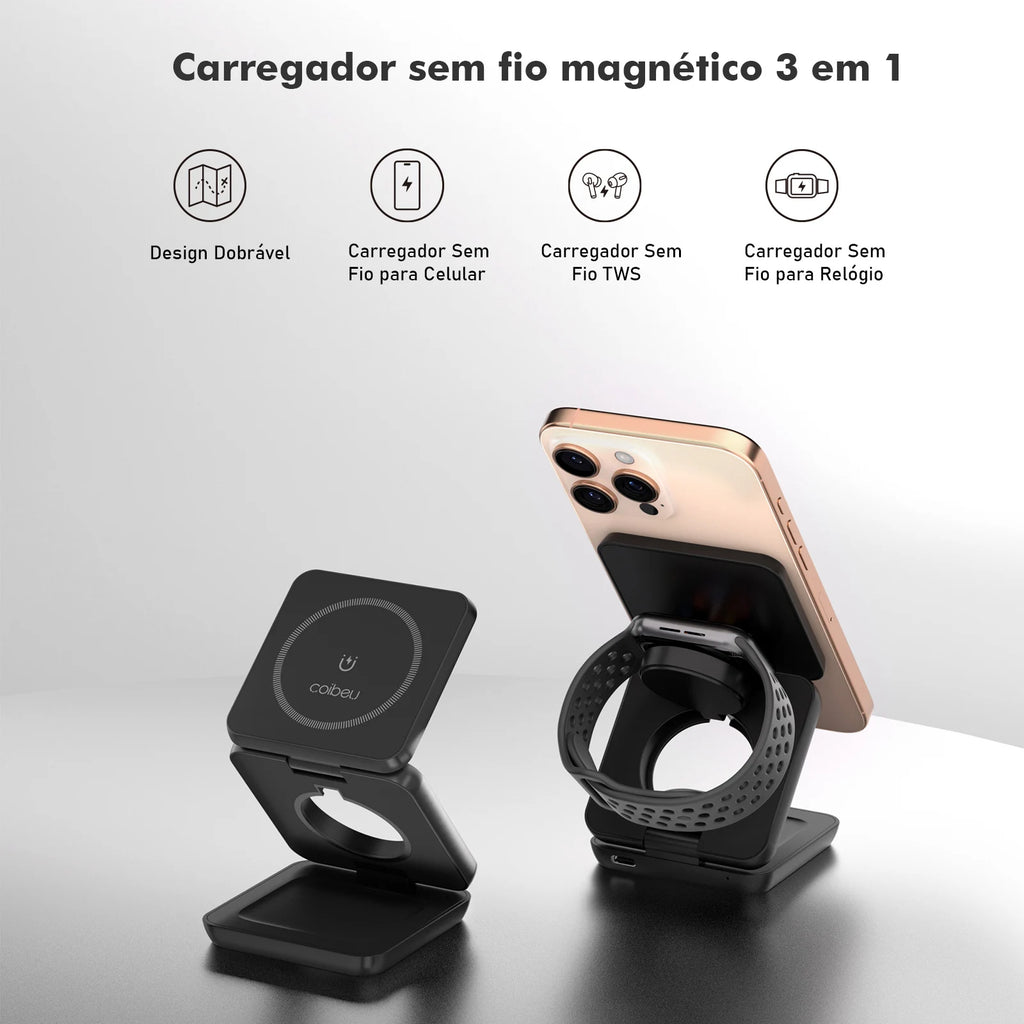 Carregador Magnético 3 em 1 Dobrável 25W para iPhone, Apple Watch e AirPods