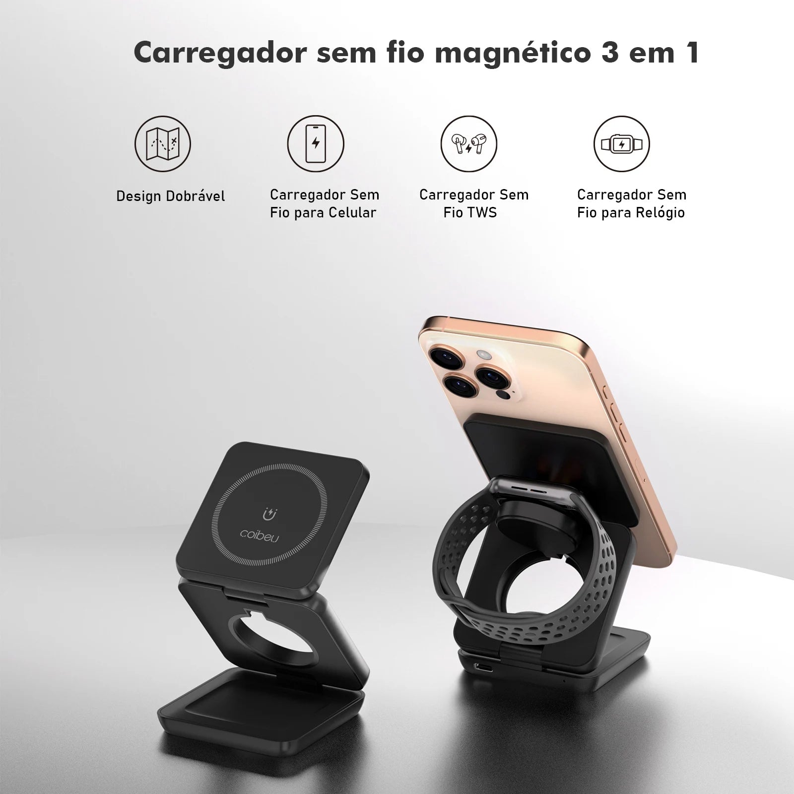 Carregador Magnético 3 em 1 Dobrável 25W para iPhone, Apple Watch e AirPods