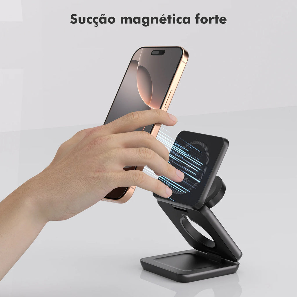 Carregador Magnético 3 em 1 Dobrável 25W para iPhone, Apple Watch e AirPods