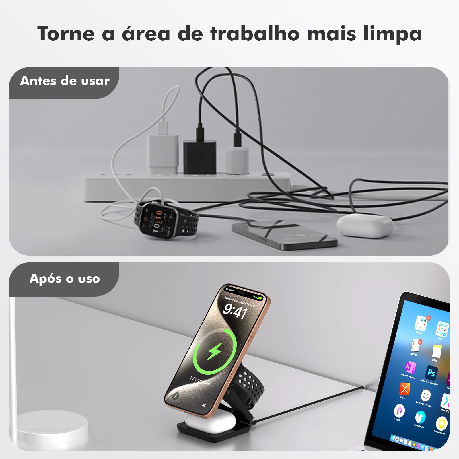 Carregador Magnético 3 em 1 Dobrável 25W para iPhone, Apple Watch e AirPods