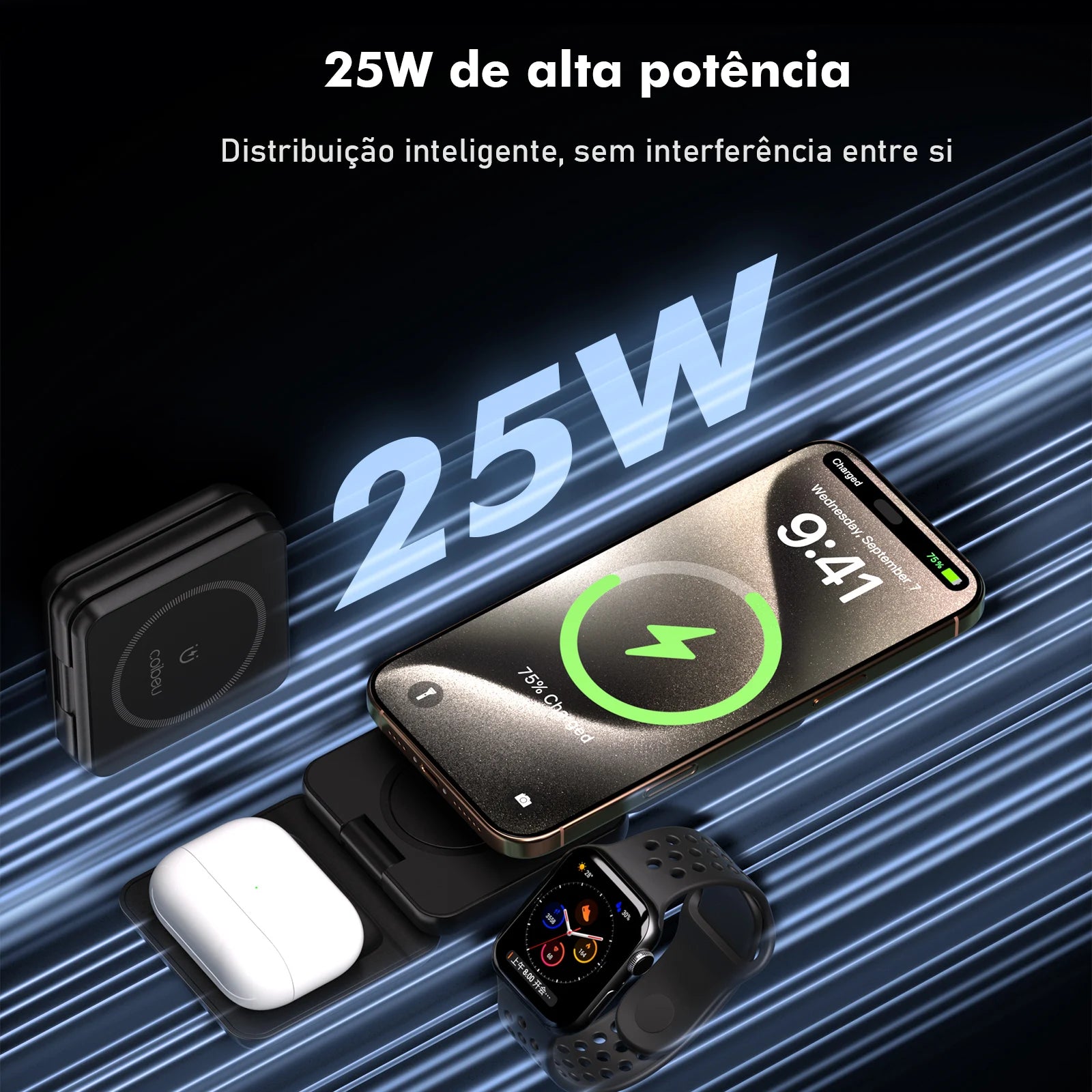 Carregador Magnético 3 em 1 Dobrável 25W para iPhone, Apple Watch e AirPods