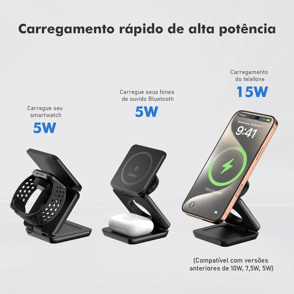 Carregador Magnético 3 em 1 Dobrável 25W para iPhone, Apple Watch e AirPods